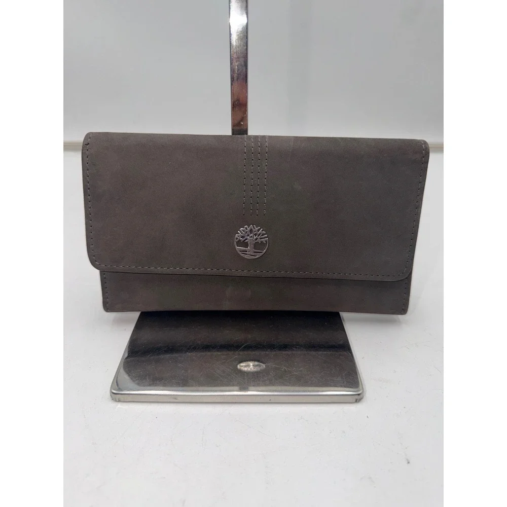 Timberland Womens Genuine Leather Trifold Clutch Wallet Gray Tree Logo Emblem